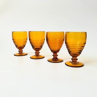 Ribbed Amber Wine Goblets - Set of 4 