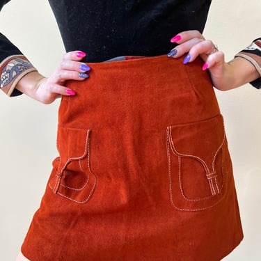 60’s Monica Suede Rust Burnt Orange Cognac Faux Pocket Mod Mini Skirt