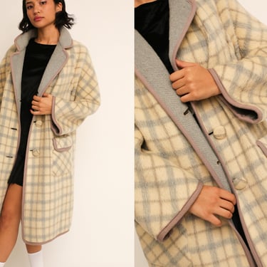 Vintage 1960s 60s Wool Checkered Reversible Grey & Cream Winter Coat Jacket 