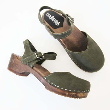 Vintage Sandgrens Sweden Leather Clogs 8 - Nubuck Olive Green Ankle Strap Low Heel Clogs 