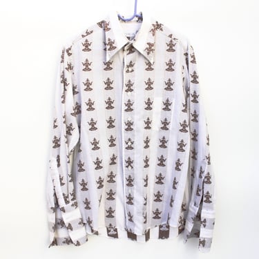 Vintage 70's Button Front Shirt - Pavati Goddess Pattern - Brown & White - Needs Cufflinks - Large 