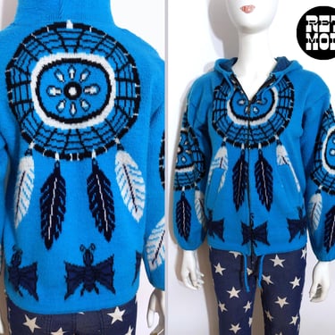 Super Cozy, Soft & Cute Vintage Turquoise Southwestern Hooded Sweater Jacket with Dream Catcher 