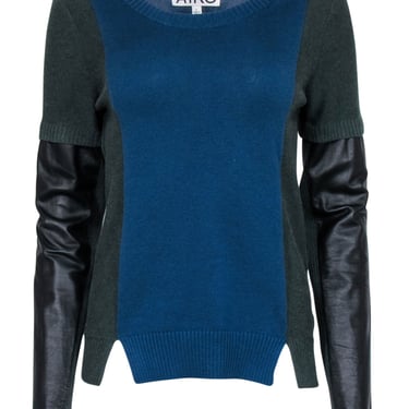 Aiko - Blue & Green Sweater w/ Leather Sleeve Detail Sz L