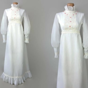 VINTAGE 60s 70s White Cottage Core Bishop Sleeve Maxi Dress | 1970s Gunne Style Prairie Prom Dress | 1960s Bohemian Bridal Wedding Dress vfg 