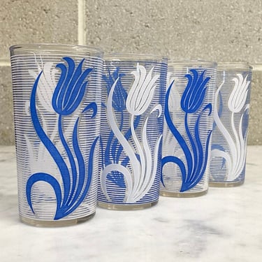 Vintage Drinking Glasses Retro 1950s Mid Century Modern + Hazel Atlas + Tulips + Blue + White + Glass + Set of 4 + Water Tumblers + Kitchen 