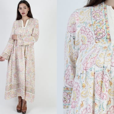 Vintage 70s Cotton India Maxi, 1970s Bell Sleeve Batik Dress, Thin Long Ethnic Tribal Dress 