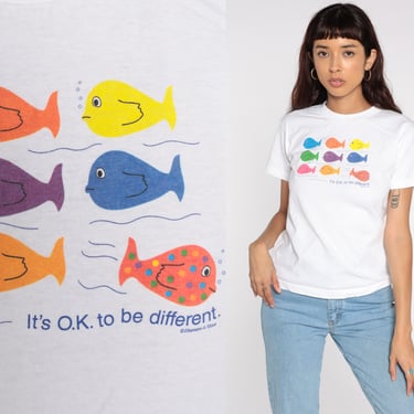 Tropical Fish Shirt It's Ok To Be Different Neon Tshirt 90s Graphic T Shirt Vintage Under The Sea Shirt Beach 1990s Shirt Extra Small xs 