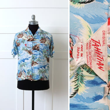 mens vintage 1950s Hawaiian shirt • made in Japan tropical rayon loop collar shirt 