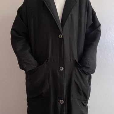 vintage black silk minimalist trench coat women's large 