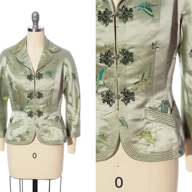 Vintage 1950s Jacket | 50s Silk Satin Jacquard Butterfly Bug Novelty Print Tailored Sage Green Holiday Party Blazer (x-small/small) 