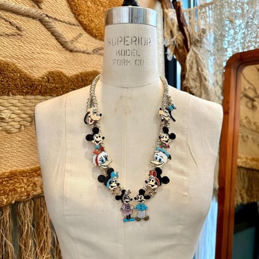 ZUNI TOONS Mickey Mouse & Friends Inlay Necklace | Silver Jet Turquoise Mother of Pearl l Squash Blossom | Native American Zunitoons Jewelry 