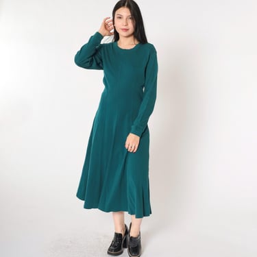 Vintage Green A-Line Dress 90s Midi Dress Long Sleeve Day Dress Simple Basic Plain Minimalist 1990s Princess Seam Petite Small 