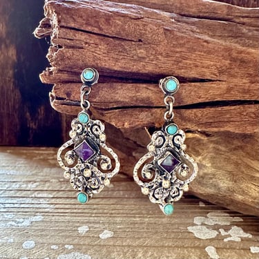 CHIC CHANDELIER Amethyst and Turquoise Sterling Silver Earrings |  Dangle Stud Earrings | Mexico | Mexican Silver Jewelry 