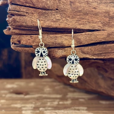WHAT A HOOT Abalone and Mother of Pearl Owl Dangle Earrings | Sterling Silver | Zuni Made Jewelry | Navajo Native American Southwestern 