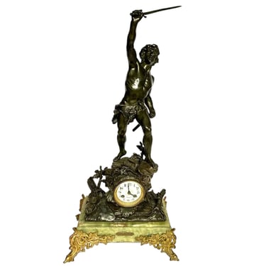 French Baillon St. Quentin Vincenti Spelter and Onyx Mantel Clock after Emile Laporte