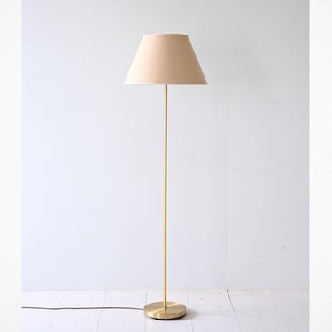 Vintage Scandinavian Floor Lamp with Gold Metal Stem and Fabric Shade 