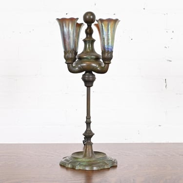 Tiffany Studios New York Bronze Four-Light Table Lamp With Favrile Glass Shades