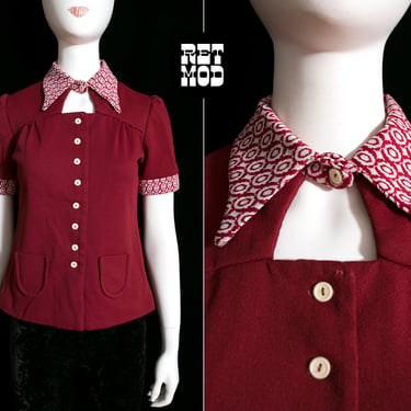 Fun Vintage 60s 70s Maroon Short Sleeve Collared Shirt with Keyhole on Neckline and Sleeves 