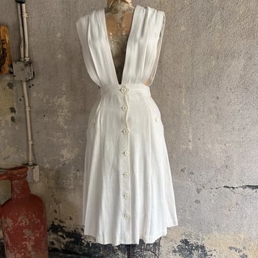 Vintage 1930s 1940s Pinafore Dress White Linen Sportswear Bust Open Sides