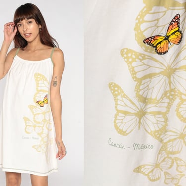 Butterfly Dress Y2k Mini Dress Cancun Mexico Tank Dress Retro Casual Boho Summer Day Shift Tent White Minidress Sleeveless Vintage 00s XL 