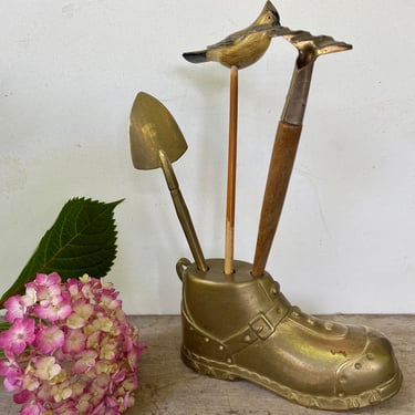 Vintage Brass Gardeners Boot With In Door Plant Tools, Gardening Gift, Brass Boot With Mini Garden Shovel, Bird Stick And Wood  Shovel 