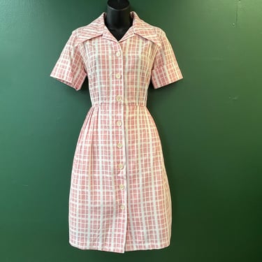 1950s plaid day dress pink checkered fit and flare frock medium 
