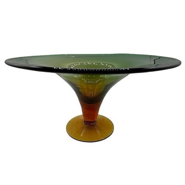 Mid Century Handblown Art Glass Green & Amber Compote Centerpiece Bowl by Blenko 