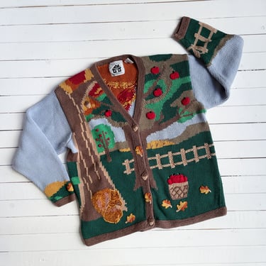 cute cottagecore sweater | 90s y2k vintage Storybook Knits squirrel apple tree farm hand knit novelty granny streetwear aesthetic cardigan 