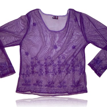 90s Transparent Purple Mesh Top // Embroidery Detail // Long Sleeves // Fun Top // Size XL 