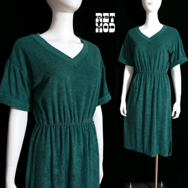Comfy Vintage 70s 80s Green Heathered Terrycloth Elastic Waist Day Dress 