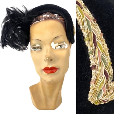 1940s vintage feather hat, 40s felt trim fascinator, 30s cocktail hat Maria Dallas Medieval Renaissance 