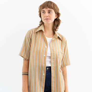 Vintage Yellow White Stripe 70s Button up Short Sleeve Shirt | Unisex Cotton blend Work Tunic | S M | 