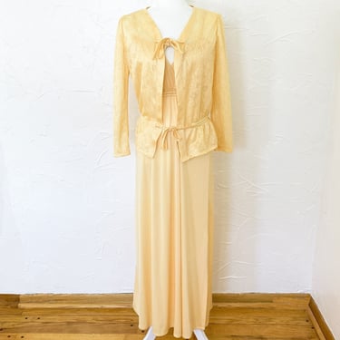 70s Butter Yellow Maxi Disco Dress with Matching Floral Lace Jacket | Extra Small 