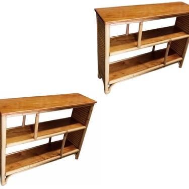 Pair of Restored Rattan and Mahogany Bookcase Shelf Consoles 