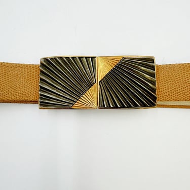 Vintage 80s Belt |  Embossed Vegan Leather Belt in Natural with Rectangular Starburst Buckle 