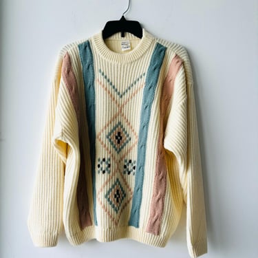 Men’s 90s Vintage Cable Knit Sweater Ivory Pink Blue Wool Blend Grandpa Medium 