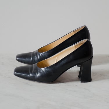 black leather heels | 90s vintage Via Spiga minimal soft black leather square toe high heel pumps size 9 