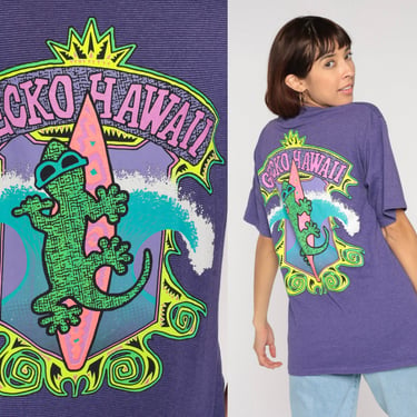90s Gecko Hawaii Shirt Neon Surfer Lizard Shirt Purple Surf TShirt Vintage Retro T Shirt Graphic Tee Screen Print 1990s Striped Medium 