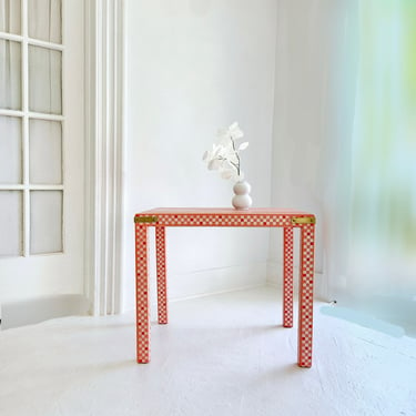 happy orange checker table, vintage Parsons table, Drexel oak table, 1980s, post modern,  preppy , happy home, dopamine,  dresser Nj nyc 