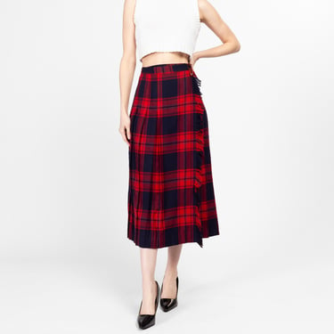 Medium 80s Red & Blue Plaid Wool Midi Kilt Skirt 28.5