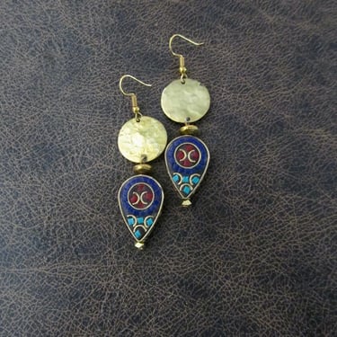 Large Indonesian brass and gemstone inlay nepal tibet earrings 