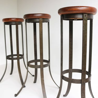 Vintage Brutalist Bar Stools Set of 3 Three Mid century Oak Wrought Iron Man Cave industrial Home Bar Furniture Rustic Height Stools 60s 