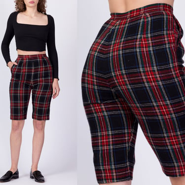 70s Red & Black Plaid Long Fitted Shorts - Extra Small, 24