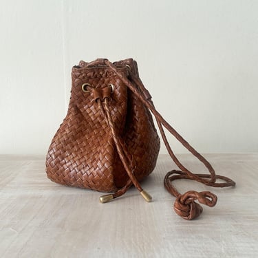 1990s Donna Karan British Tan Woven Leather Cross Body Bag 