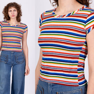 70s Rainbow Striped Fitted Tee - Extra Small | Vintage Crew Neck Cropped T Shirt 