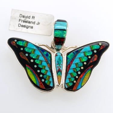David R Freeland Jr Artisan Opal & Stone Inlay Butterfly Pendant Sterling Silver 
