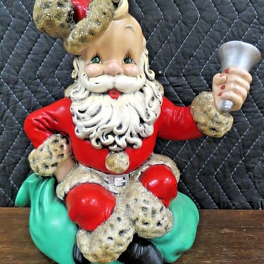 Vintage Santa Claus Sitting Ringing Bell - Mid Century Ceramic And Glitter 