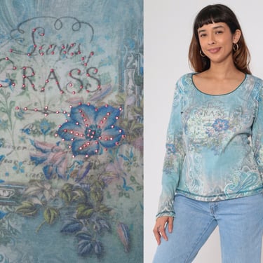 Y2K Leaves of Grass Blouse Blue Floral Abstract Paisley Print Top Walt Whitman Studded Psychedelic Literary Long Sleeve Vintage 00s Medium 