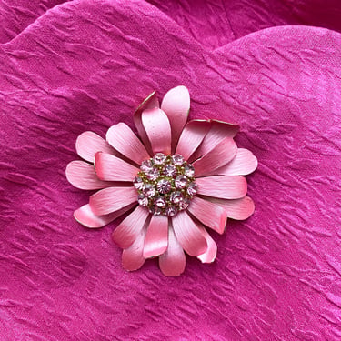 Bubble Gum Pink 1960's Rhinestone Flower Brooch