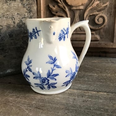 French Faïence Jug, Terre de Fonte St Vallier, Blue and White Floral Pitcher, Creamer, Heavy Crazing, French Farmhouse Cuisine 